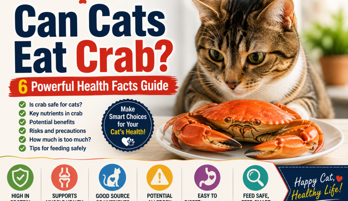 Can Cats Eat Crab Cat looking at a cooked crab with an infographic about six health facts, benefits, risks, and safe feeding tips for cats.