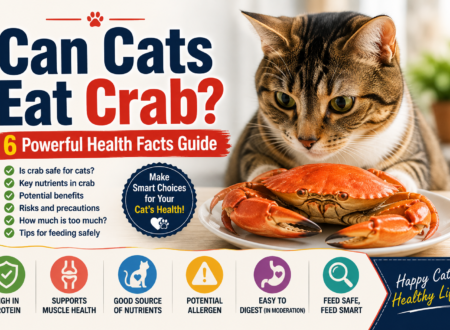 Can Cats Eat Crab Cat looking at a cooked crab with an infographic about six health facts, benefits, risks, and safe feeding tips for cats.