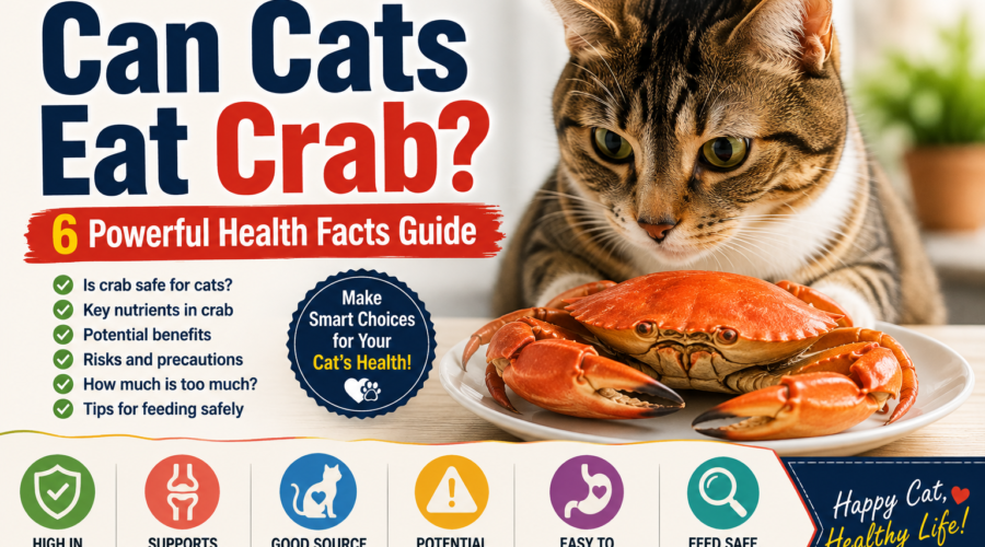 Can Cats Eat Crab Cat looking at a cooked crab with an infographic about six health facts, benefits, risks, and safe feeding tips for cats.