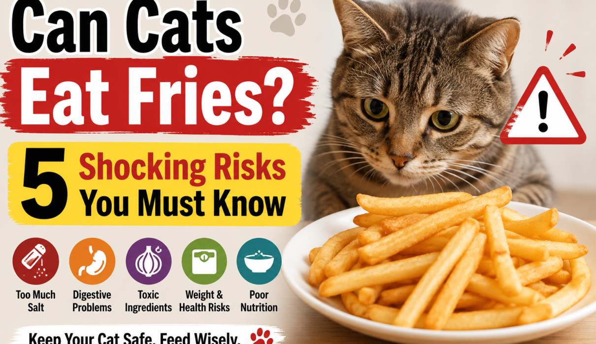 Can Cats Eat Fries? Cat looking at French fries with an infographic highlighting five risks of feeding fries to cats, including salt, digestive problems, toxic ingredients, weight risks, and poor nutrition.