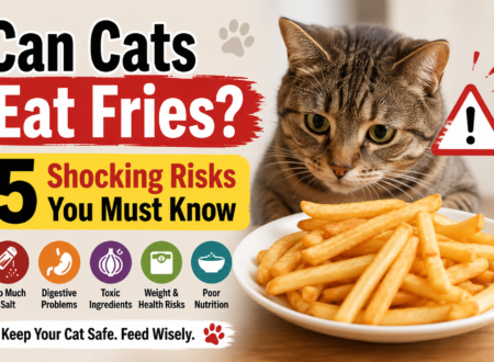 Can Cats Eat Fries? Cat looking at French fries with an infographic highlighting five risks of feeding fries to cats, including salt, digestive problems, toxic ingredients, weight risks, and poor nutrition.