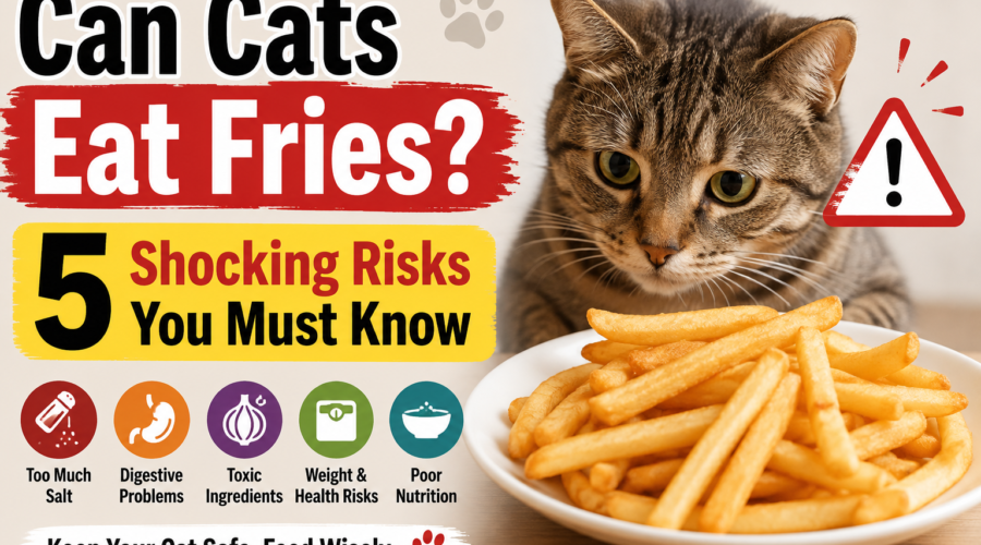 Can Cats Eat Fries? Cat looking at French fries with an infographic highlighting five risks of feeding fries to cats, including salt, digestive problems, toxic ingredients, weight risks, and poor nutrition.
