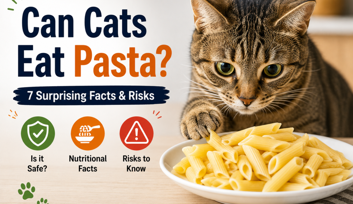 Tabby cat looking at a bowl of cooked penne pasta beside text reading “Can Cats Eat Pasta? 7 Surprising Facts & Risks,” with icons representing safety, nutrition, and potential risks