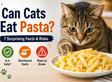 Tabby cat looking at a bowl of cooked penne pasta beside text reading “Can Cats Eat Pasta? 7 Surprising Facts & Risks,” with icons representing safety, nutrition, and potential risks