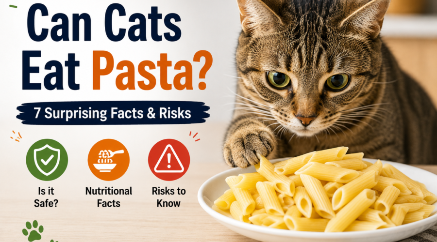 Tabby cat looking at a bowl of cooked penne pasta beside text reading “Can Cats Eat Pasta? 7 Surprising Facts & Risks,” with icons representing safety, nutrition, and potential risks