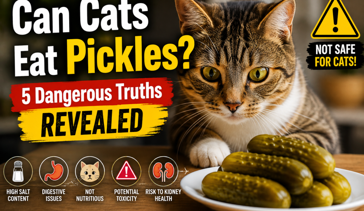 can cat eat pickles. Cat looking at a plate of pickles with warning symbols about the dangers of feeding pickles to cats.
