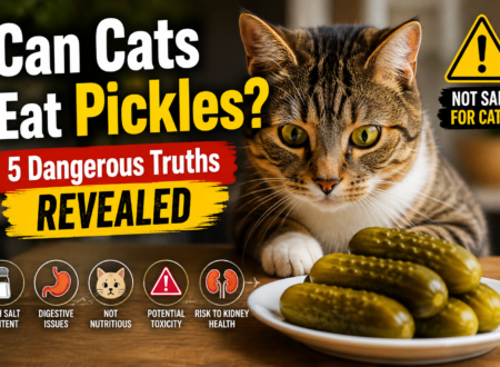 can cat eat pickles. Cat looking at a plate of pickles with warning symbols about the dangers of feeding pickles to cats.