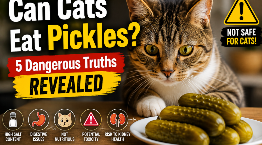 can cat eat pickles. Cat looking at a plate of pickles with warning symbols about the dangers of feeding pickles to cats.
