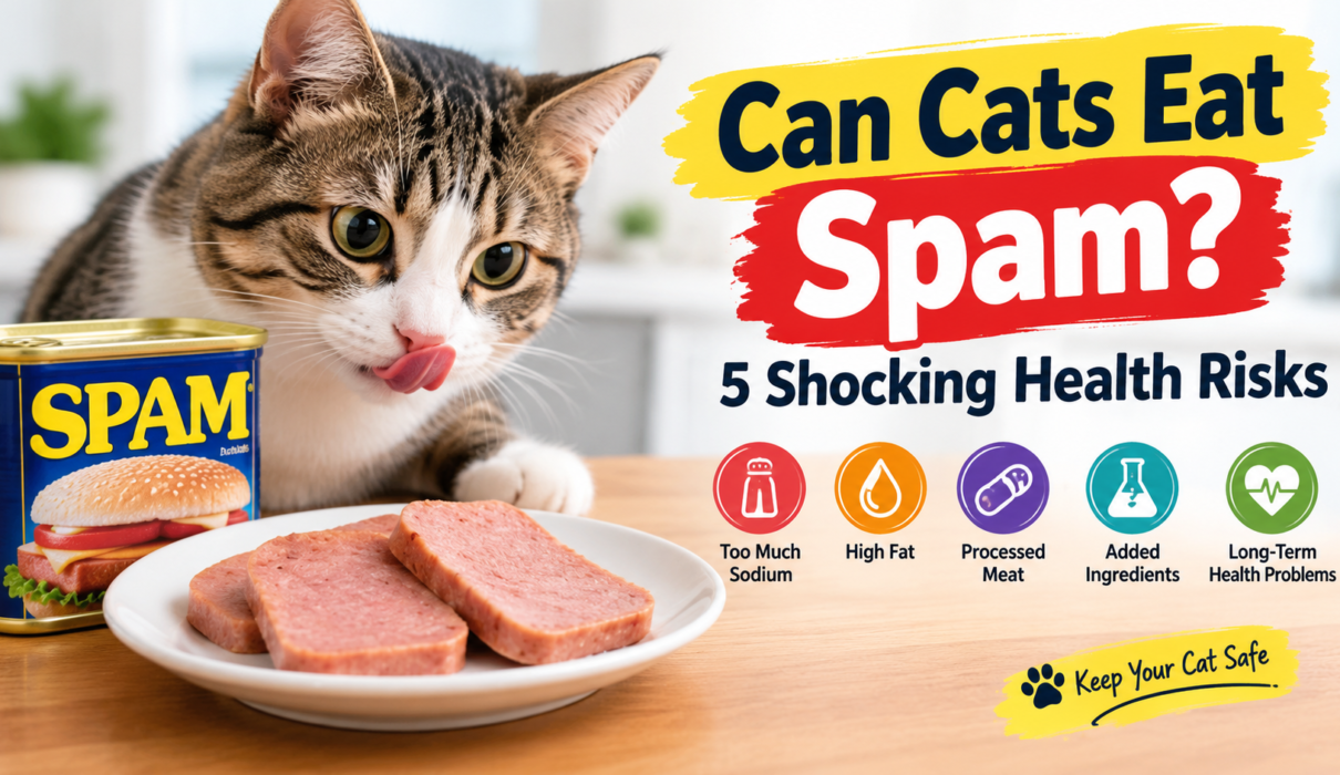 Can Cats Eat Spam Cat looking at sliced Spam with an infographic highlighting five health risks of feeding Spam to cats.