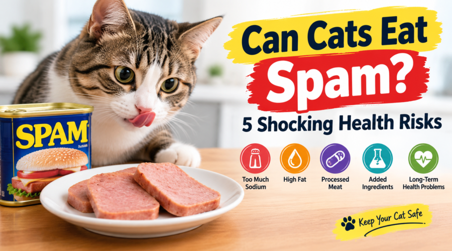 Can Cats Eat Spam Cat looking at sliced Spam with an infographic highlighting five health risks of feeding Spam to cats.