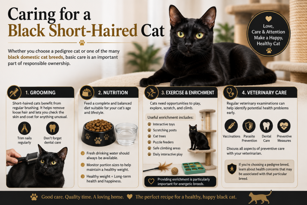 Black short-haired cat with care essentials including grooming, food, toys, scratching post, and veterinary black cat breeds short haircare.