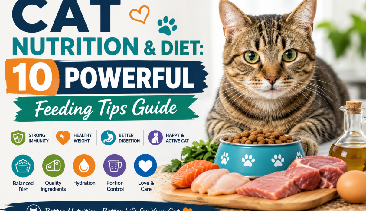 Cat nutrition and diet guide with healthy food, balanced meals, hydration, and feeding tips.