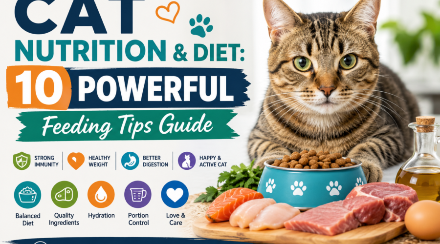 Cat nutrition and diet guide with healthy food, balanced meals, hydration, and feeding tips.