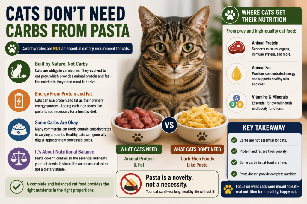Tabby cat beside bowls of meat and pasta, illustrating that cats primarily need animal protein and fat while pasta carbohydrates are not essential to their diet.