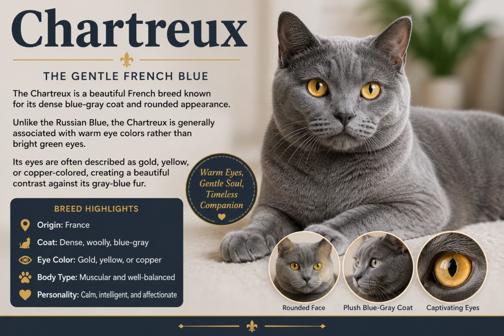 Blue-gray Chartreux cat with a dense plush coat, rounded face, and striking golden yellow eyes.