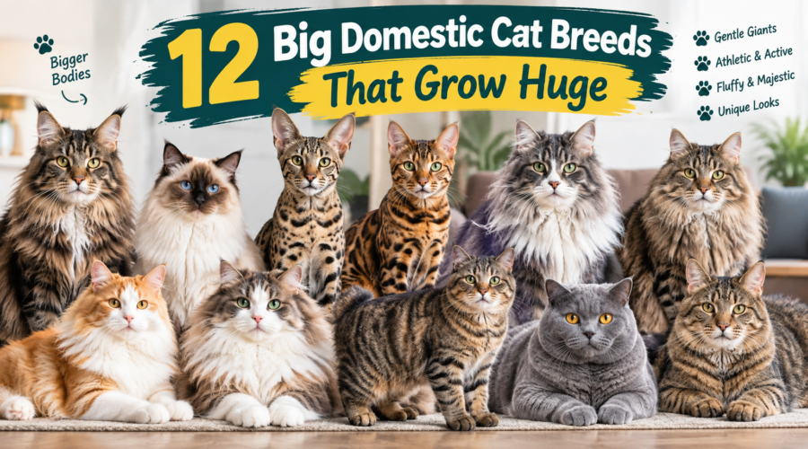 12 big domestic cat breeds that grow huge, including Maine Coon, Ragdoll, Bengal, Savannah, Siberian, and other large cats.