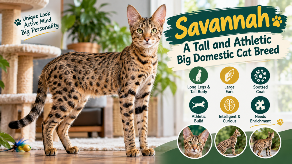 Savannah cat, a tall and athletic big domestic cat breed with long legs, large ears, spotted coat, and muscular body