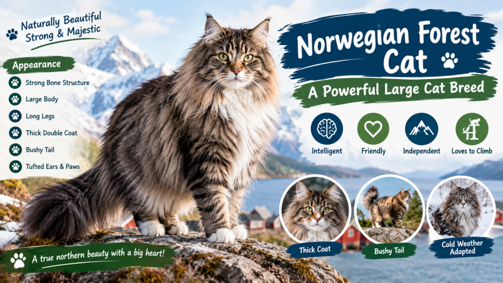 Norwegian Forest Cat, a powerful large cat breed with a thick coat, bushy tail, long legs, and tufted ears