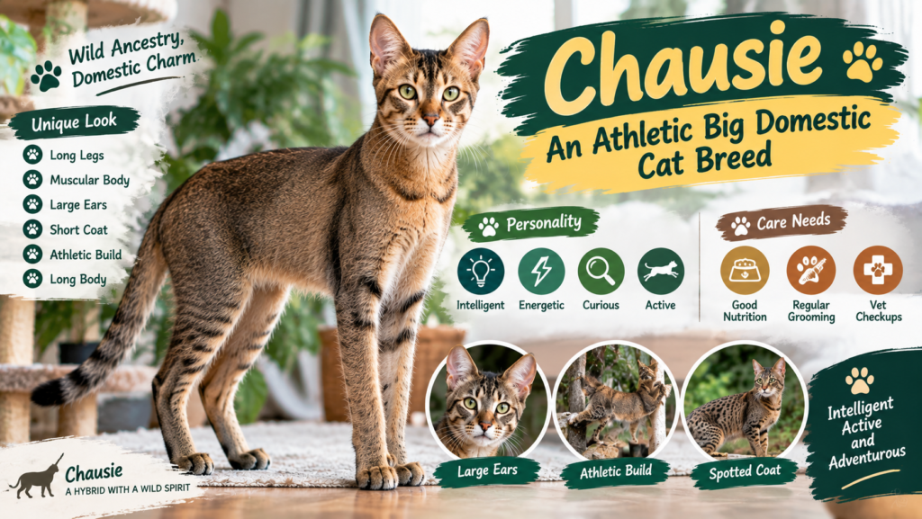 Chausie cat, an athletic big domestic cat breed with long legs, large ears, muscular body, and short coat