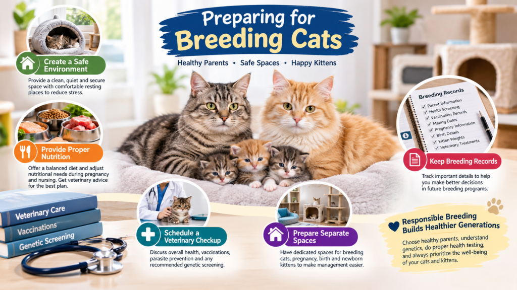 Preparing for breeding cats with safe environment, proper nutrition, veterinary checkup, separate spaces, and breeding records