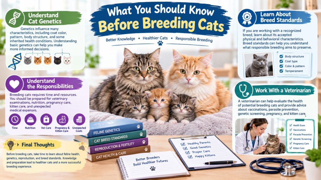 What you should know before breeding cats, including genetics, breed standards, veterinary care, and responsibilities