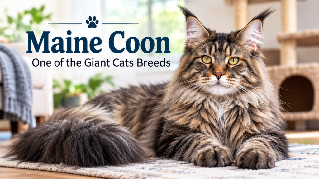 Maine Coon cat – one of the giant cats breeds with a long fluffy coat, tufted ears, and bushy tail