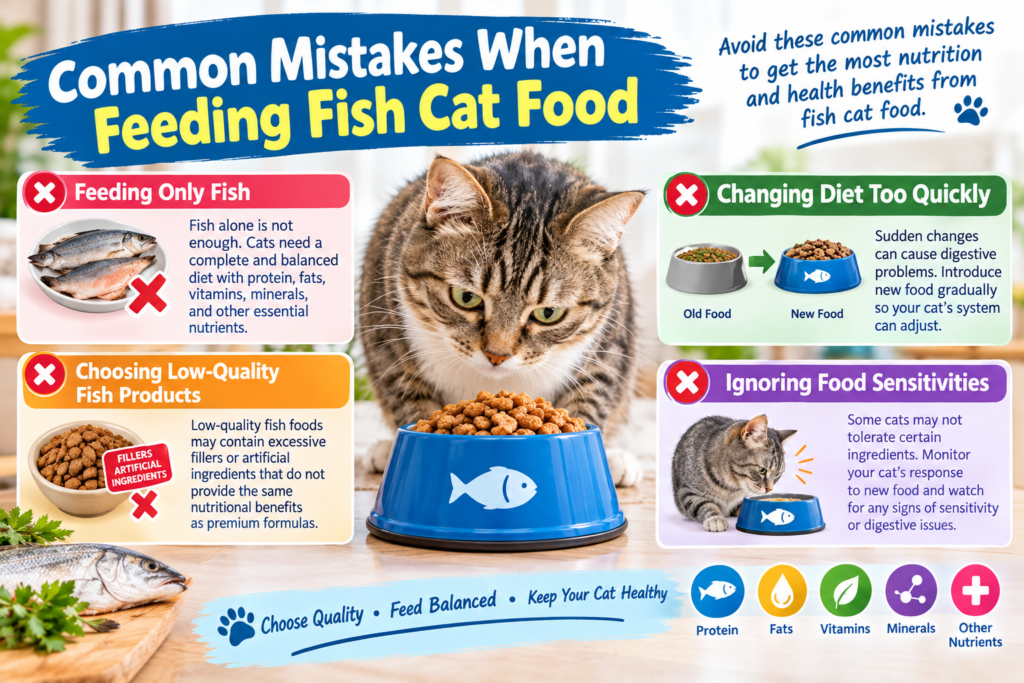 Infographic showing common mistakes when feeding fish cat food, including poor-quality food, sudden diet changes, feeding only fish, and ignoring food sensitivities.