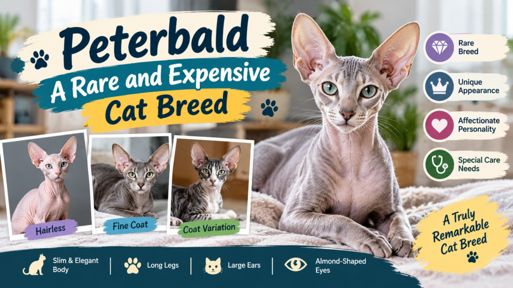 Peterbald a rare and expensive cat breed with a nearly hairless coat, large ears, and elegant body.