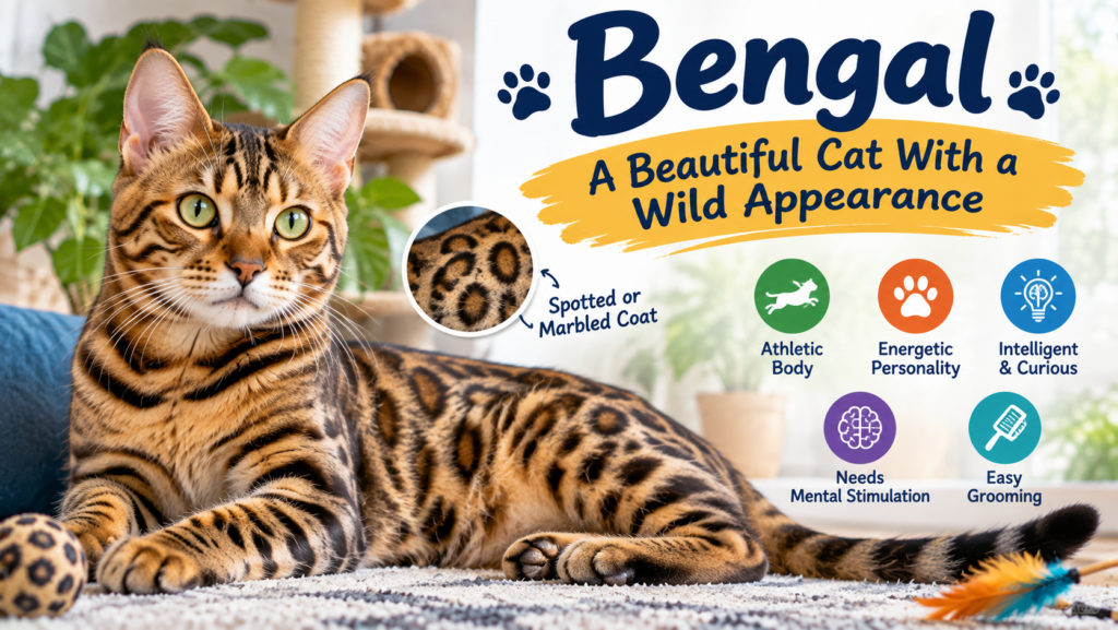 Bengal cat with a wild appearance and spotted coat