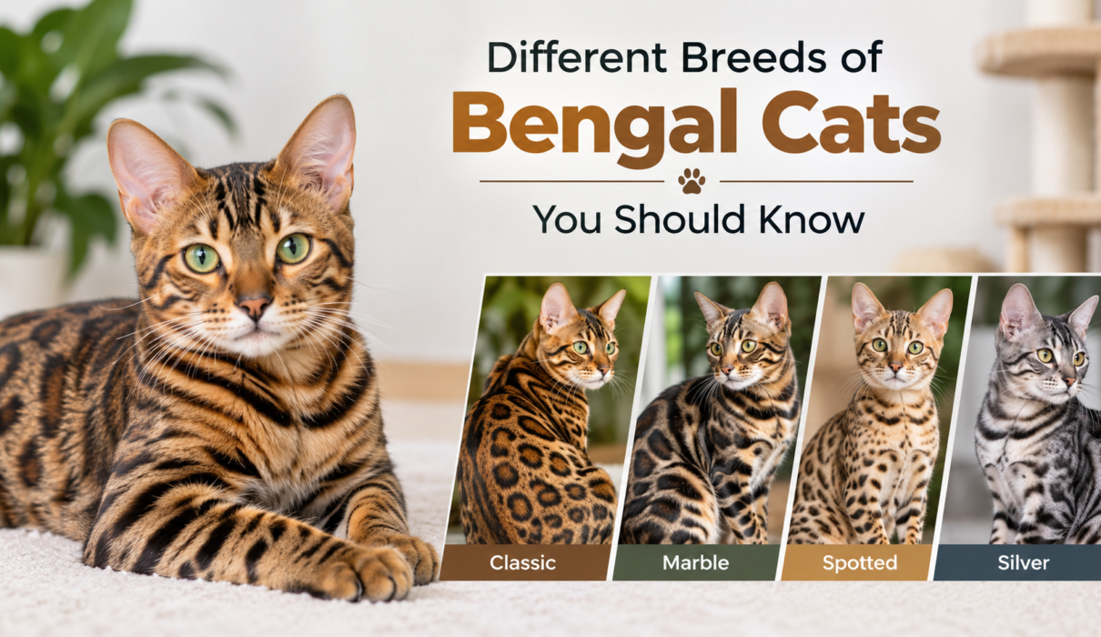 Different breeds of Bengal cats with spotted, marble, classic, and silver coat patterns