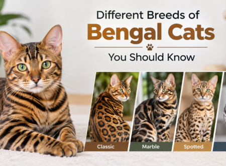 Different breeds of Bengal cats with spotted, marble, classic, and silver coat patterns