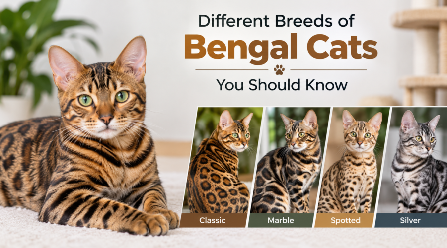 Different breeds of Bengal cats with spotted, marble, classic, and silver coat patterns