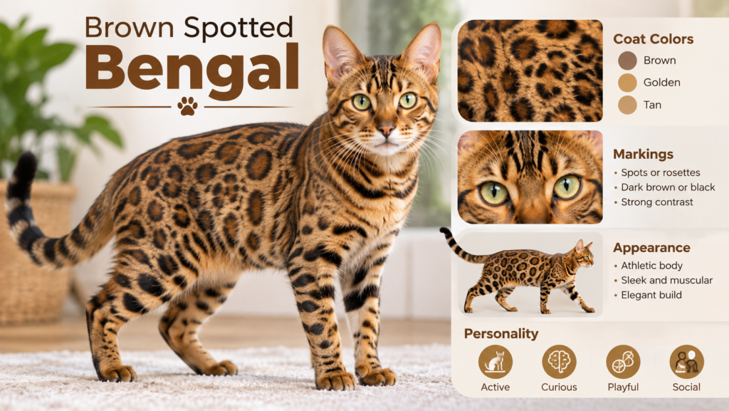 Brown Spotted Bengal cat with golden brown coat and dark rosettes