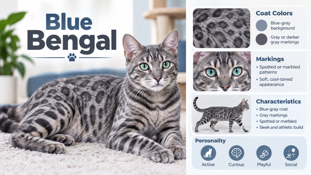 : Blue Bengal cat with blue-gray coat and dark gray markings
