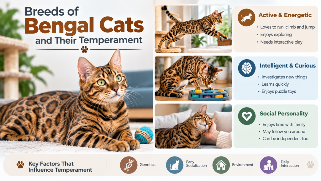 Bengal cat breeds and their temperament including active, intelligent, curious, and social traits