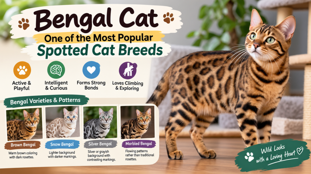 Bengal cat with leopard-like spotted coat and different Bengal cat patterns