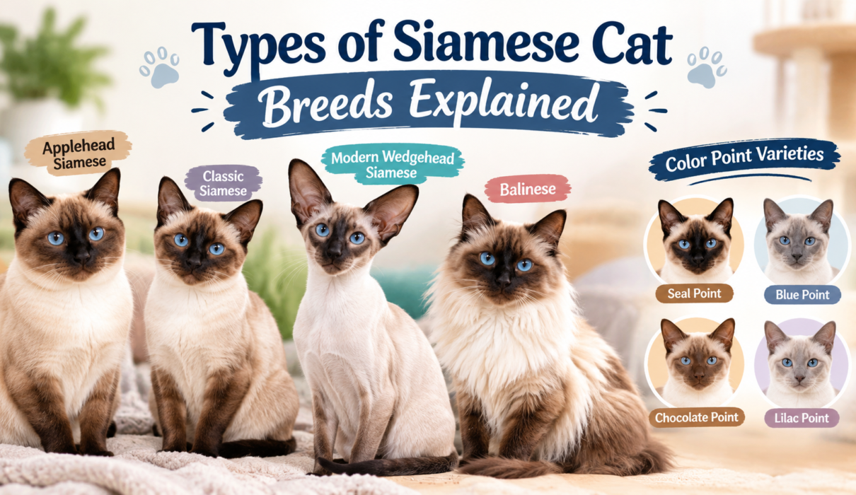 Types of Siamese cat breeds including Applehead, Classic, Modern Wedgehead, and Balinese cats with blue eyes