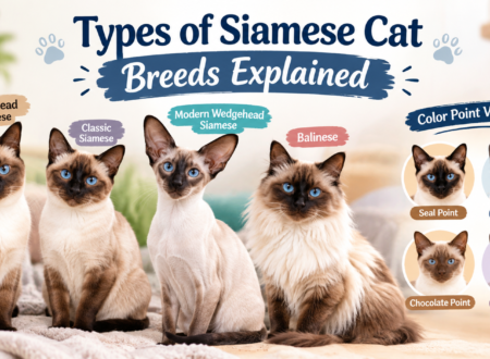 Types of Siamese cat breeds including Applehead, Classic, Modern Wedgehead, and Balinese cats with blue eyes