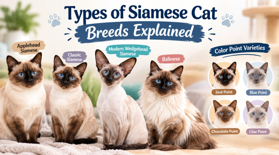 Types of Siamese cat breeds including Applehead, Classic, Modern Wedgehead, and Balinese cats with blue eyes