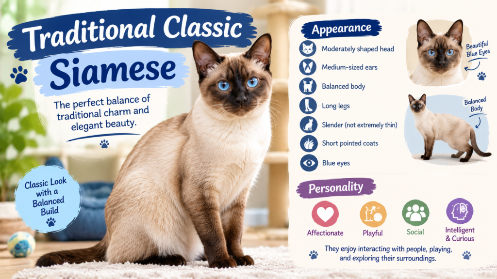 Traditional Classic Siamese cat with blue eyes and a balanced body shape