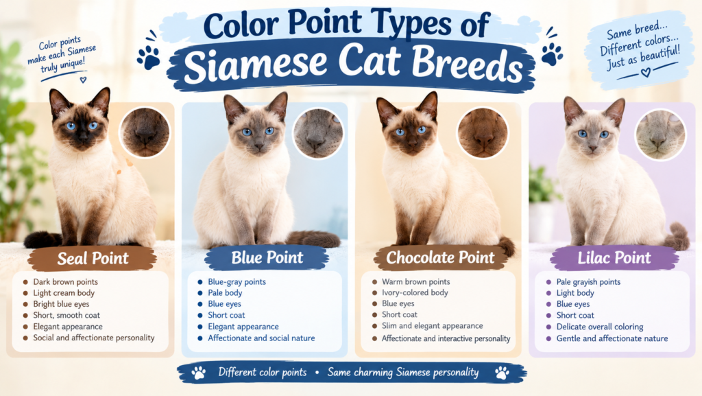 Color point types of Siamese cat breeds including Seal Point, Blue Point, Chocolate Point, and Lilac Point
