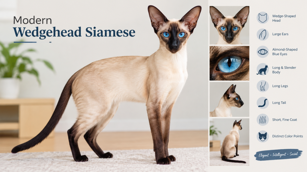 : Modern Wedgehead Siamese cat with a wedge-shaped head and blue eyes