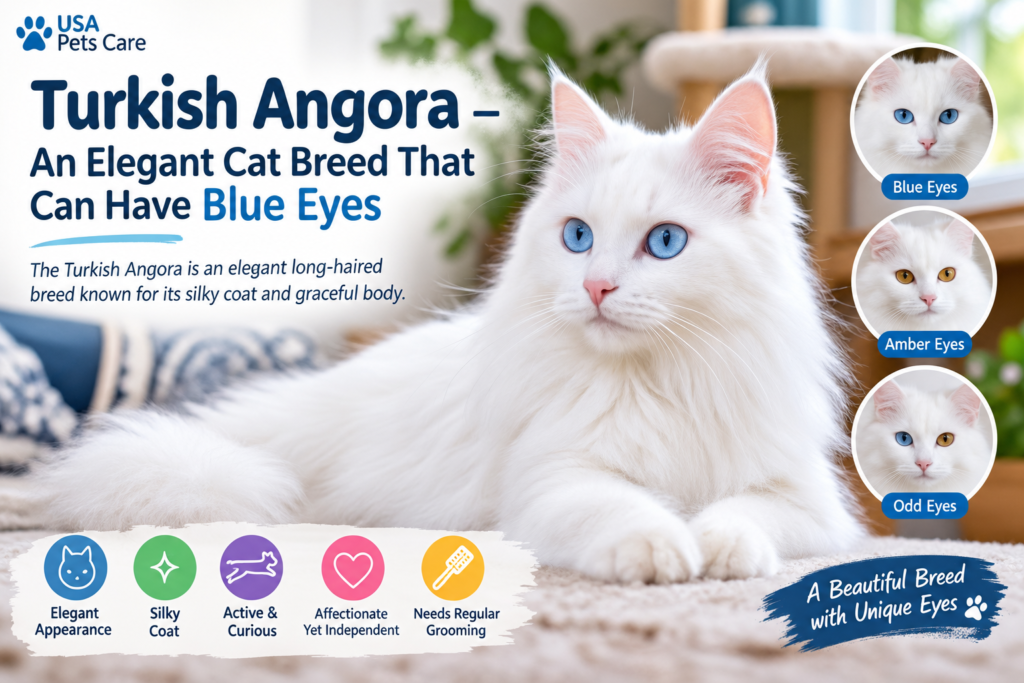 White Turkish Angora cat with blue eyes and a silky long-haired coat