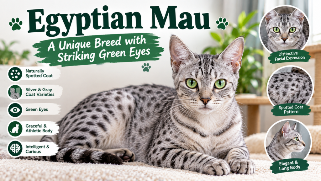 Egyptian Mau cat with silver spotted coat and green eyes