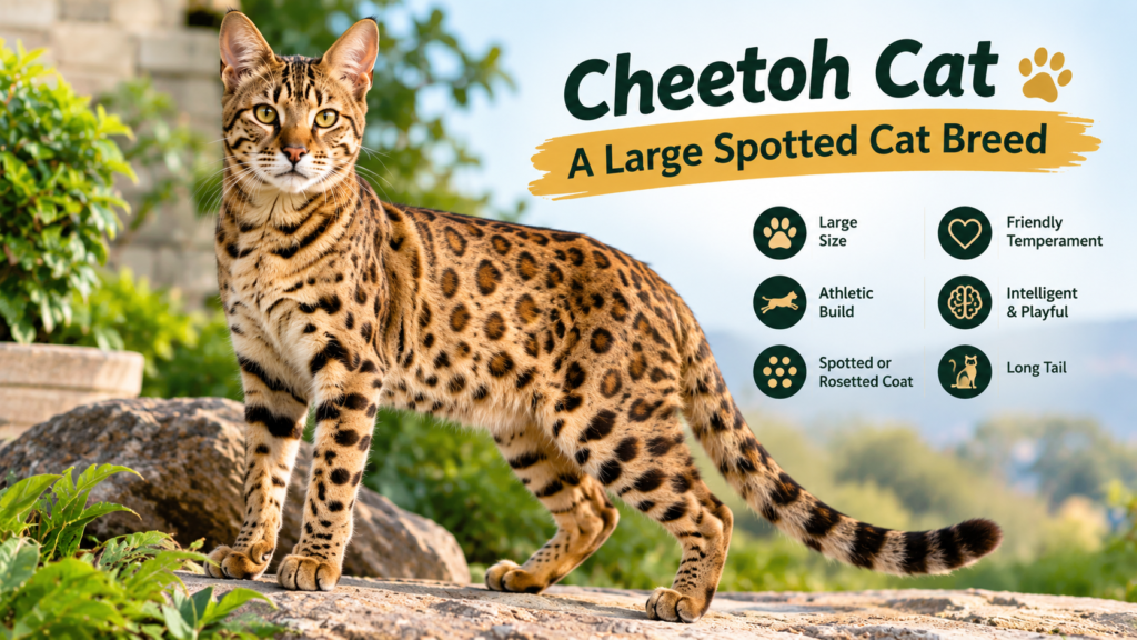 Cheetoh Cat, a large spotted cat breed with a golden coat, dark rosettes, athletic body, and long tail