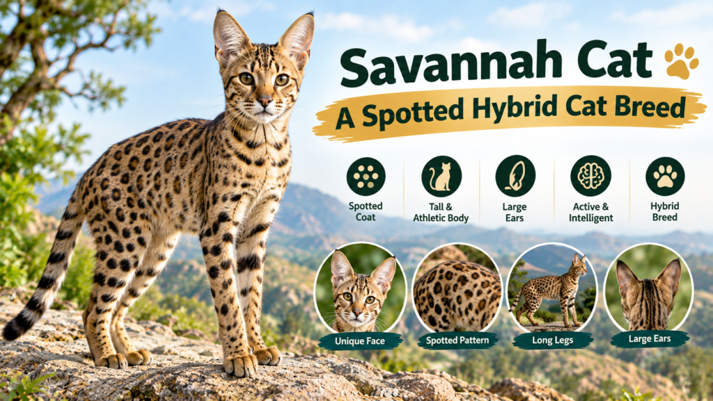 Savannah Cat, a spotted hybrid cat breed with a tall athletic body, large ears, long legs, and golden spotted coat
