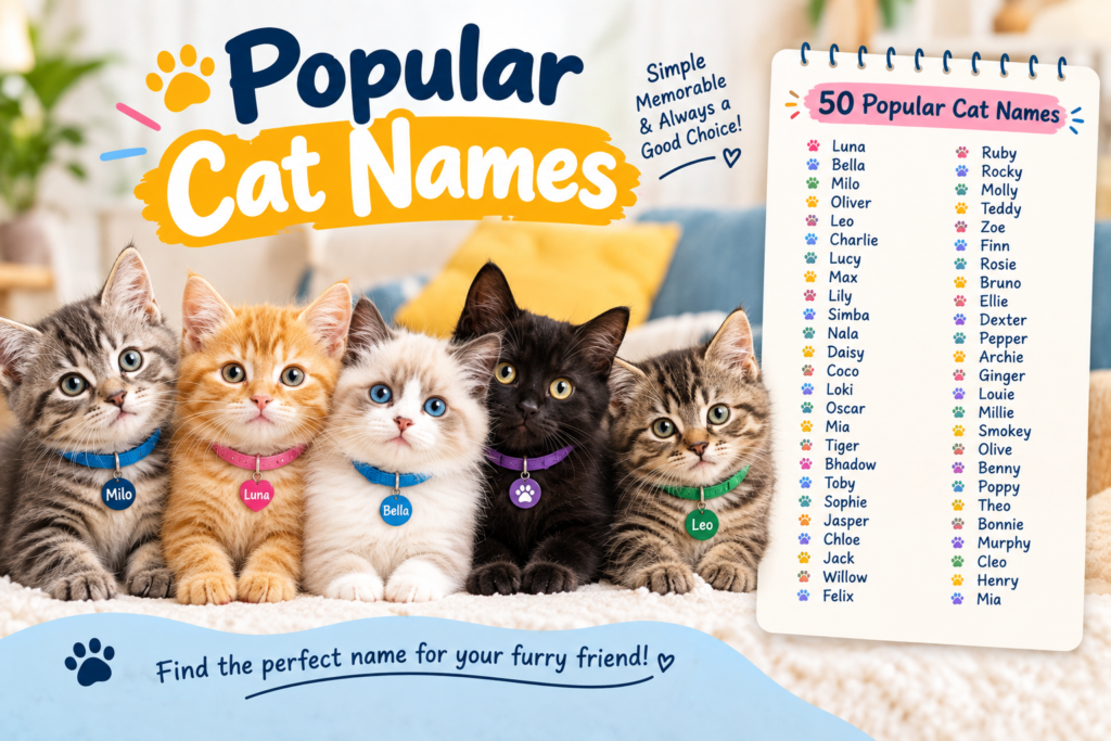 Popular cat names featuring 50 simple and memorable names for cats