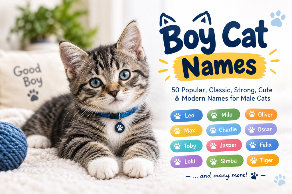Boy cat names featuring 50 popular, cute, classic, strong, and modern names for male cats.