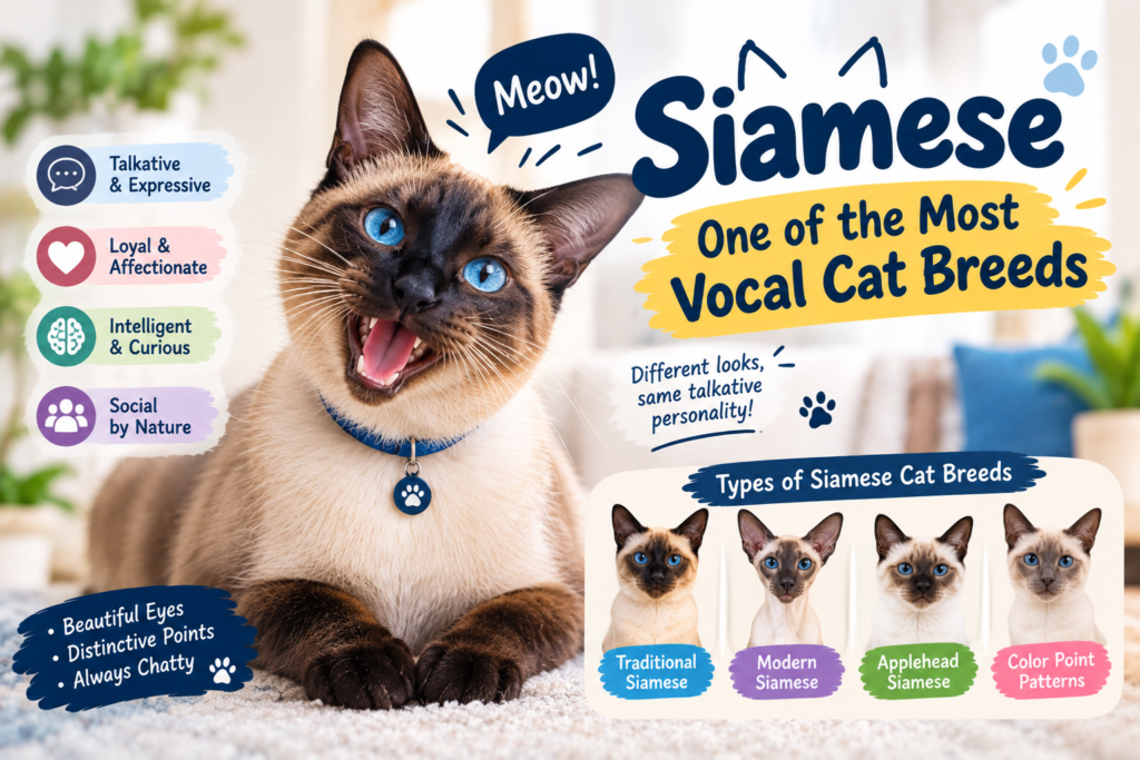 Siamese cat with blue eyes and color-point markings, featured as one of the most vocal cat breeds