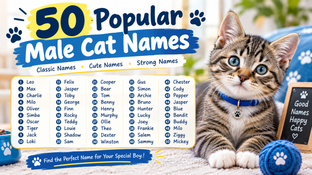 50 popular male cat names for boy cats including Leo, Max, Charlie, Milo, Oliver, Simba, and Loki